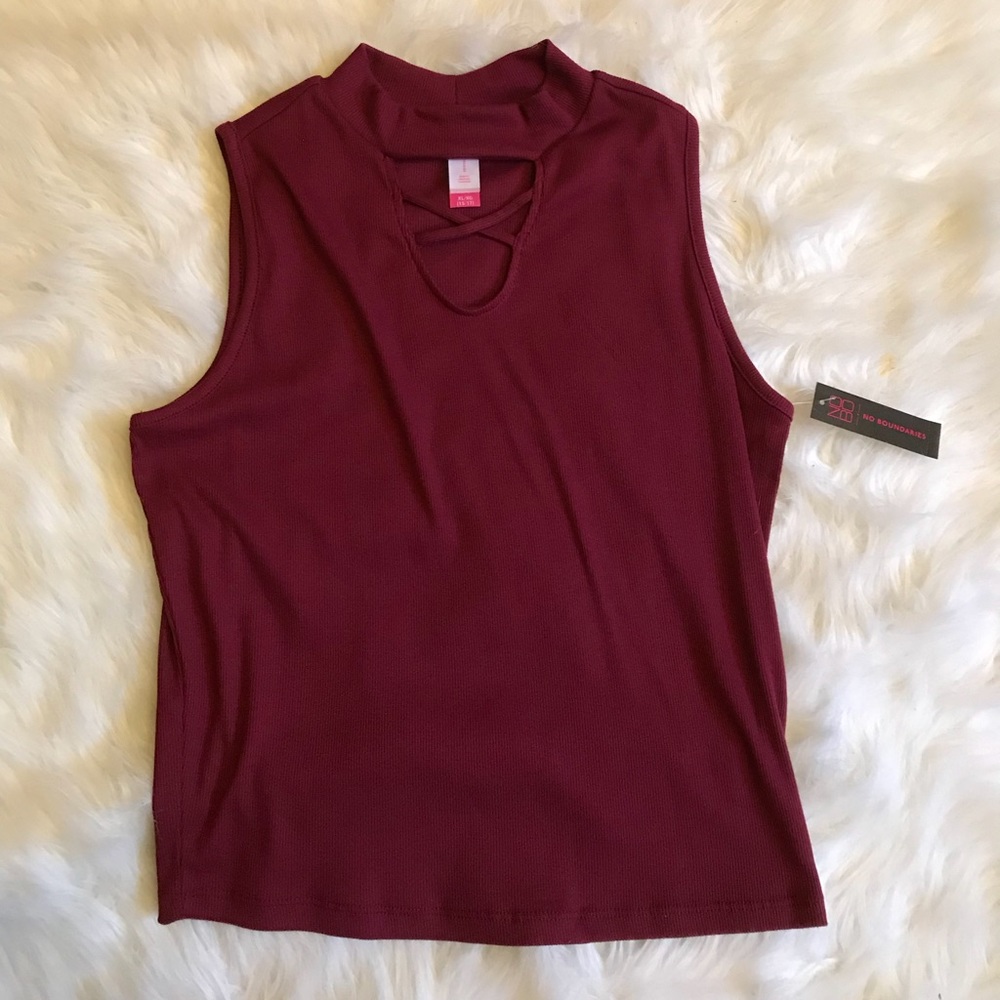 Wine colored turtleneck tank with crisscross neck